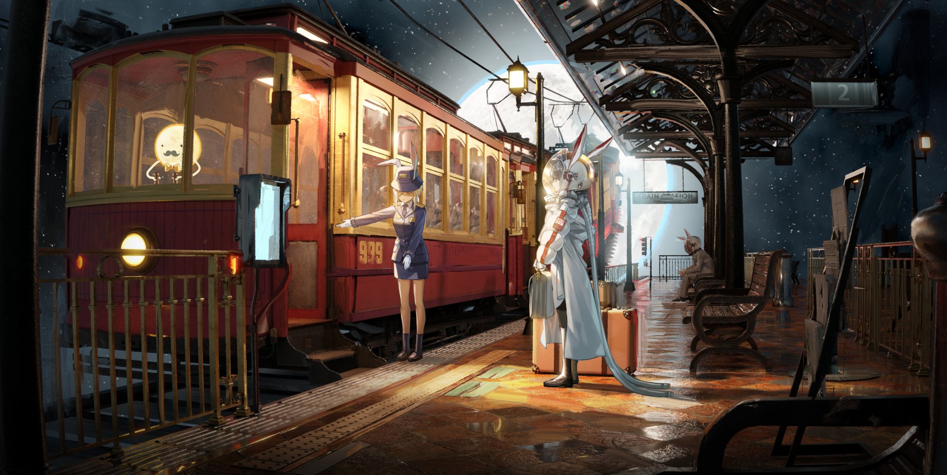 Anime girl standing on a train station platform at night, illuminated by lanterns and the warm glow of a vintage tram, in a detailed 4K Ultra HD PC wallpaper scene.