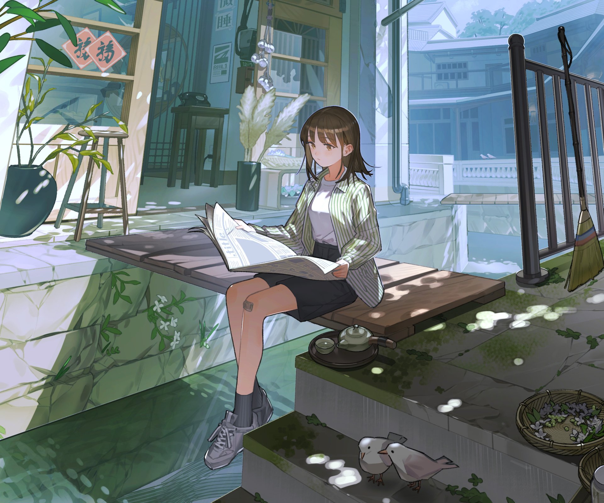 HD anime desktop wallpaper featuring an anime girl reading a book while sitting by a sunlit, serene outdoor area with plants and modern architecture.