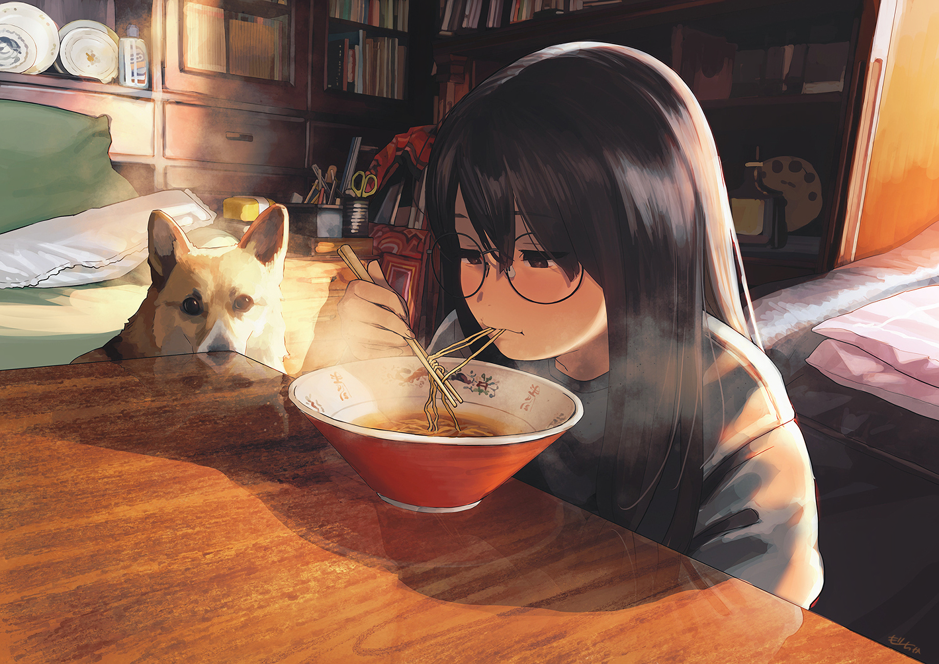 Anime girl with long black hair and glasses enjoying noodles, while a dog watches nearby. Sunlight filters into the warm room. HD desktop wallpaper and background.