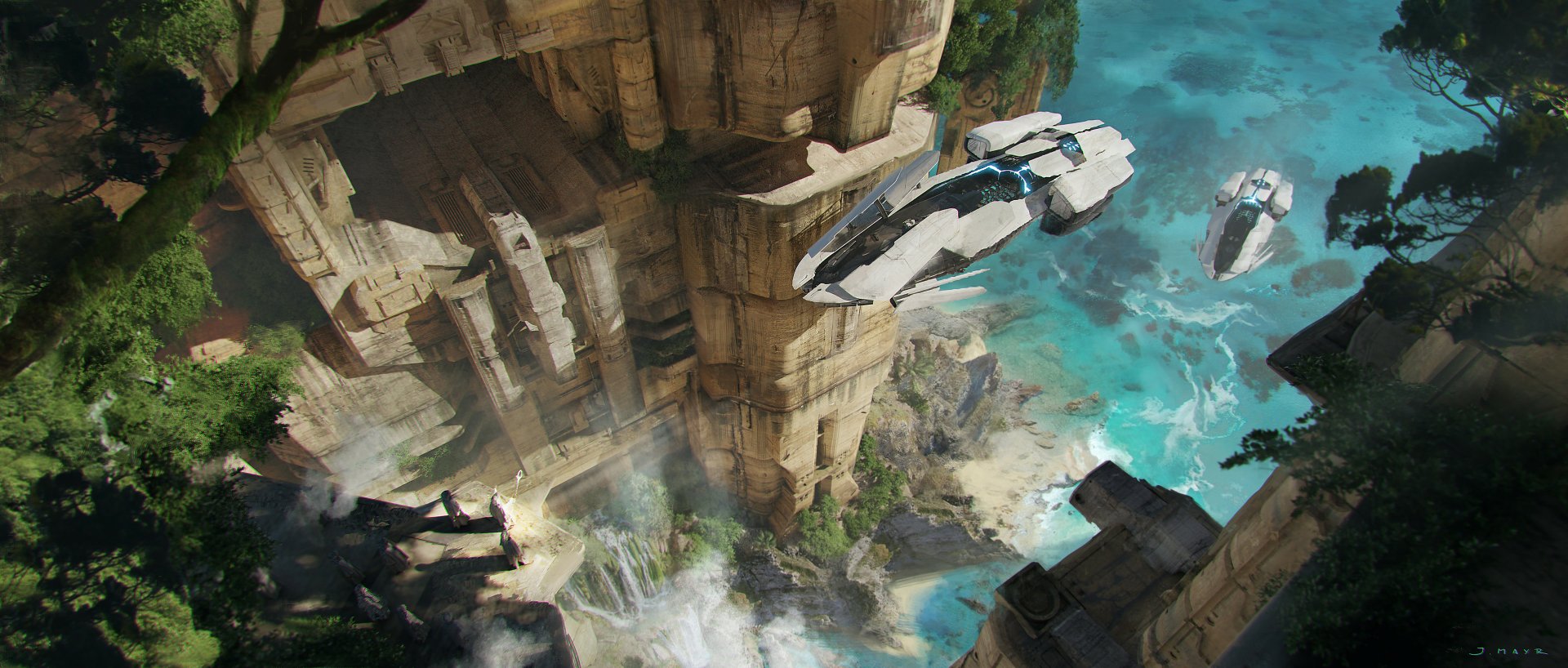 HD sci-fi desktop wallpaper featuring futuristic spaceships flying near towering ancient ruins above a vibrant turquoise ocean.