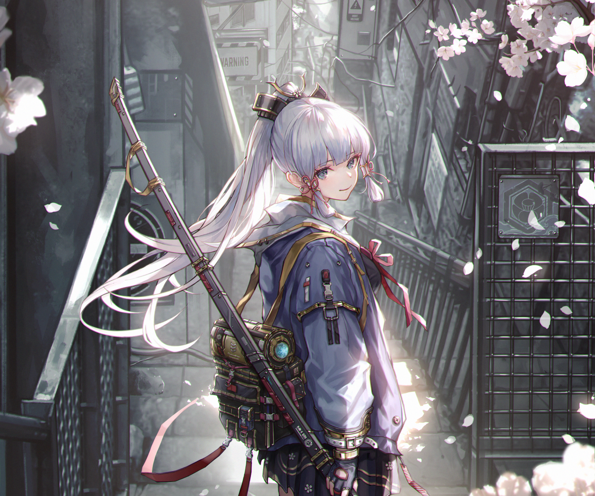 HD PC desktop wallpaper of Kamisato Ayaka from Genshin Impact, featuring the character in a detailed, atmospheric urban setting with cherry blossom petals.