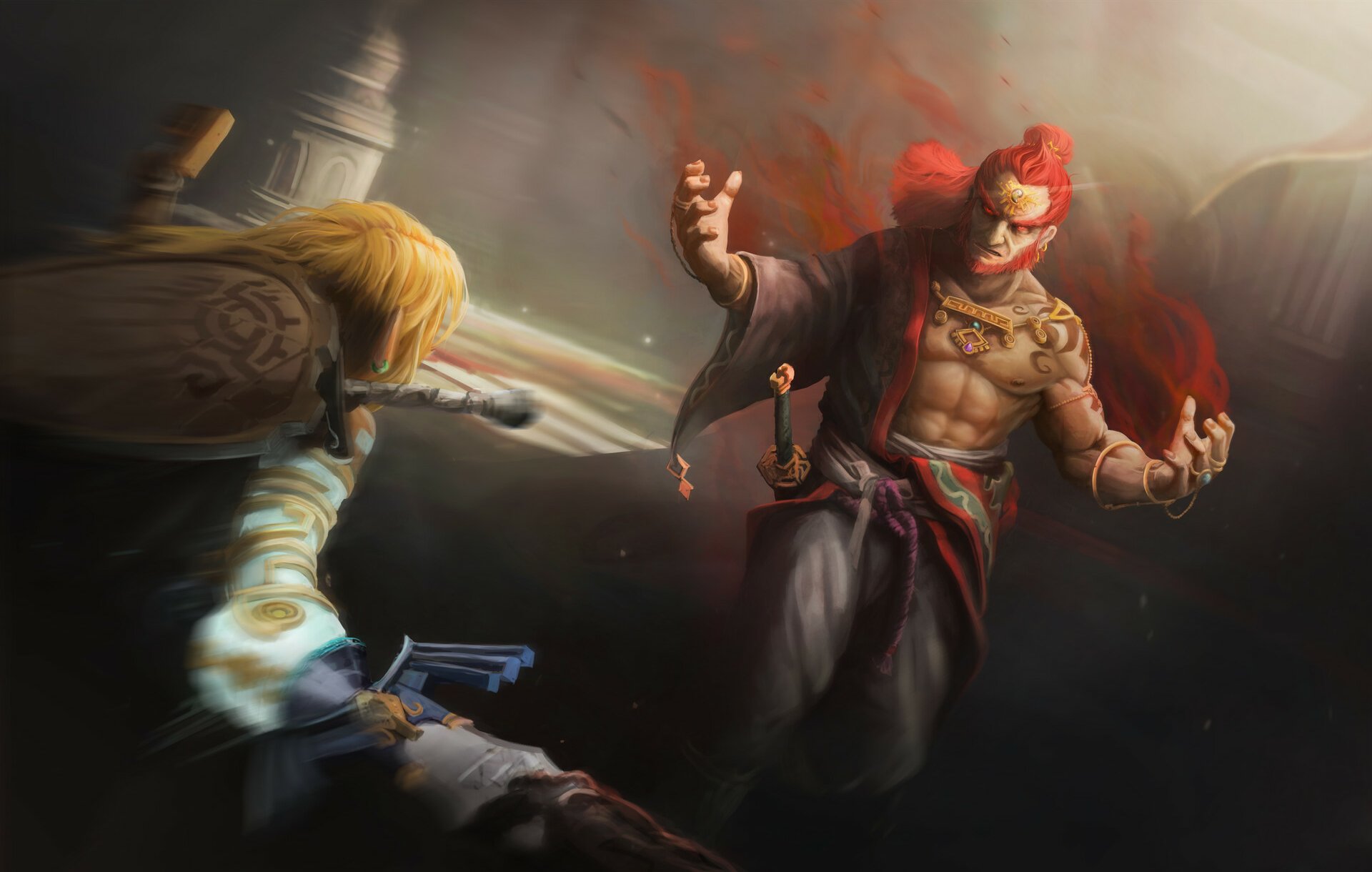 HD PC desktop wallpaper featuring Ganondorf from The Legend of Zelda video game, depicted in a dynamic, intense battle scene with Link.