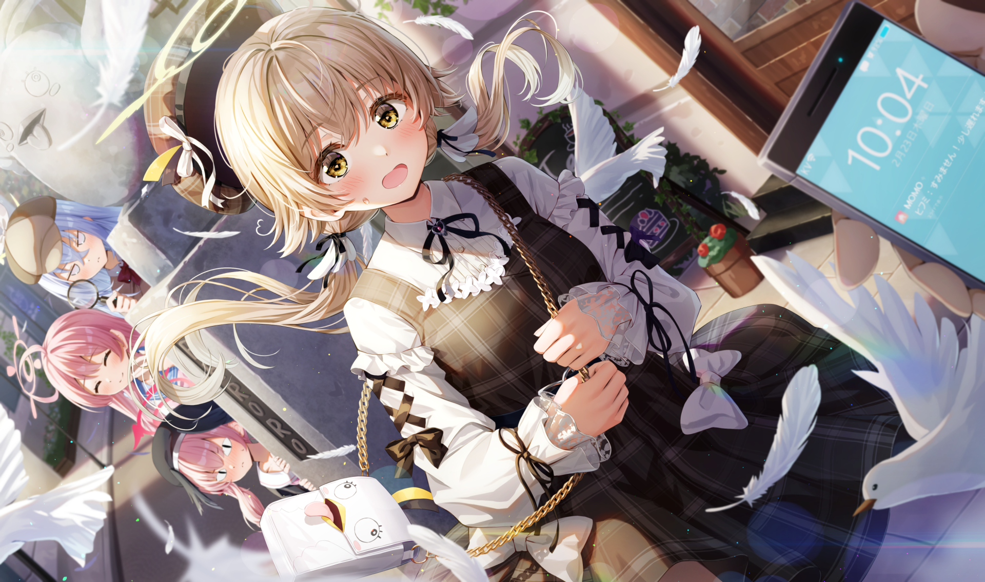 Blue Archive video game 2K Quad HD PC desktop wallpaper: cheerful blonde schoolgirl in frilly uniform, floating papers and feathers, bright detailed classroom scene.