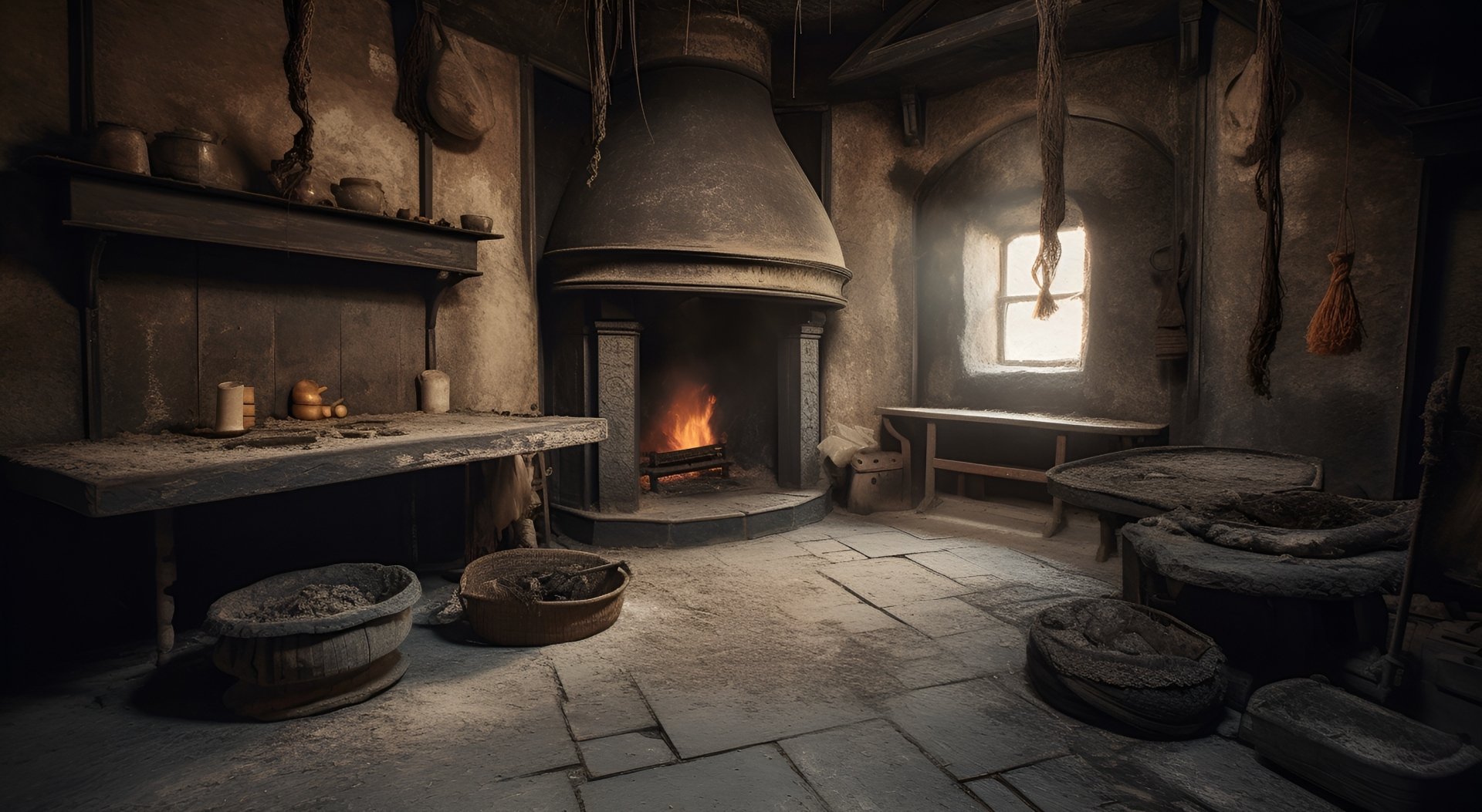 HD digital art of a medieval fantasy interior with a glowing fireplace, rustic wooden furniture, and hanging herbs, created as an AI-generated PC desktop wallpaper.
