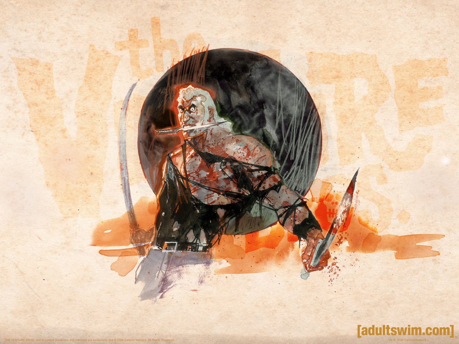 An artistic depiction of a warrior holding a sword and knife against a textured background, featuring elements from the TV show The Venture Bros under the Adult Swim banner.