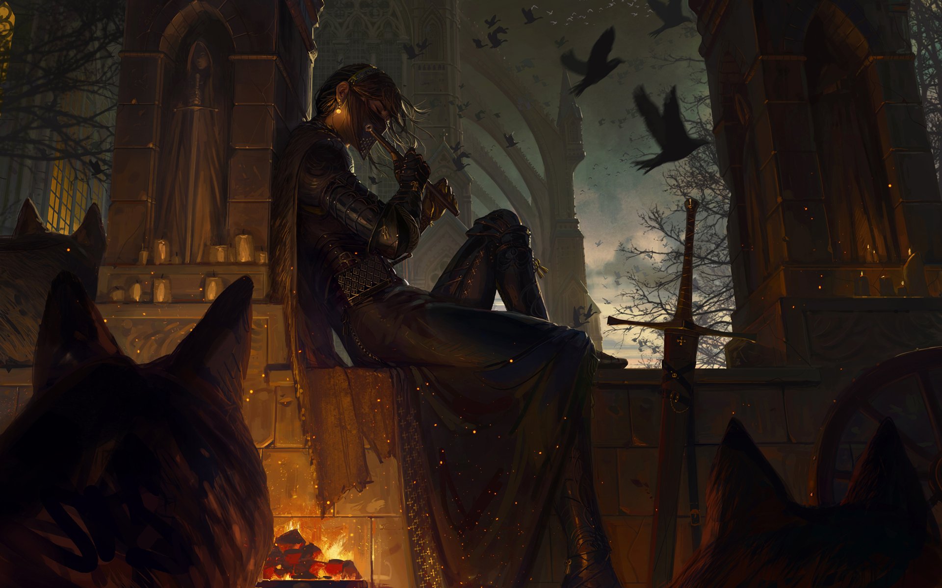 HD fantasy PC desktop wallpaper featuring a mysterious woman in dark armor seated amid a shadowy, eerie forest with wolves and ravens under a twilight sky.