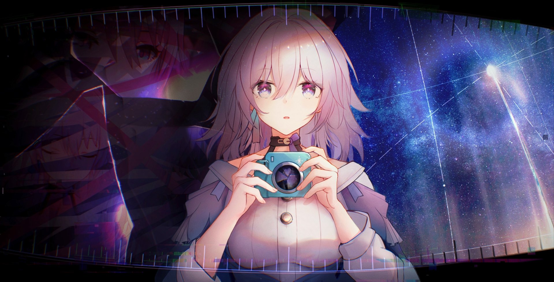 HD PC desktop wallpaper featuring March 7th from the video game Honkai: Star Rail, holding a camera against a cosmic, starry background.