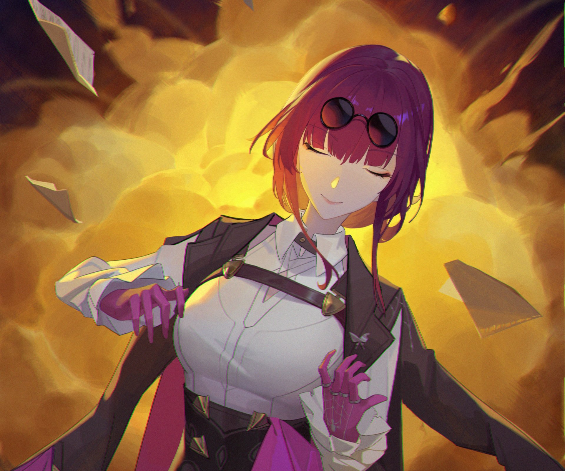Kafka (Honkai: Star Rail) — purple-haired agent smirking in stylized video game art, glowing gold backdrop; HD PC desktop wallpaper and background.