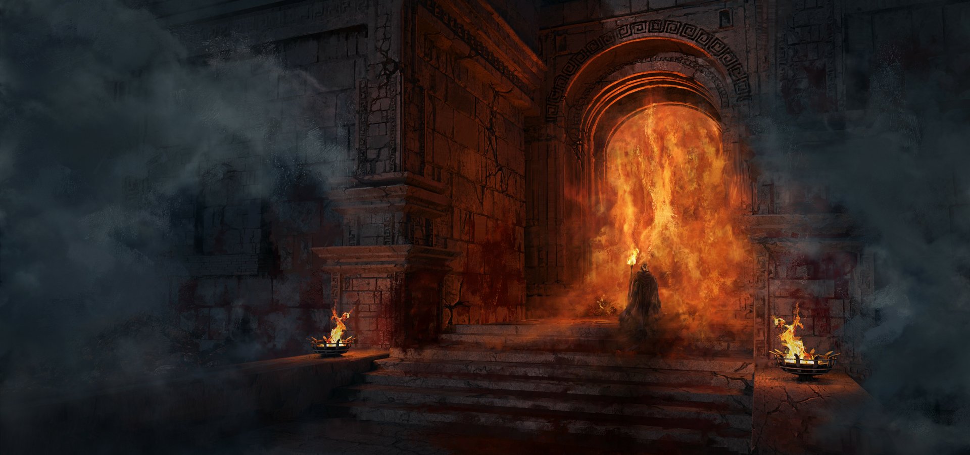 HD PC desktop wallpaper from the video game Diablo IV, depicting a dark stone corridor with a fiery portal and a cloaked figure standing before it.
