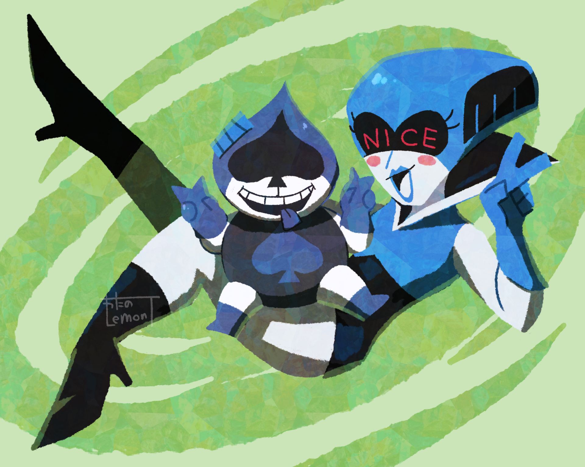 HD desktop wallpaper featuring Queen and Lancer from the video game Deltarune in a vibrant, dynamic pose with a swirling green background.