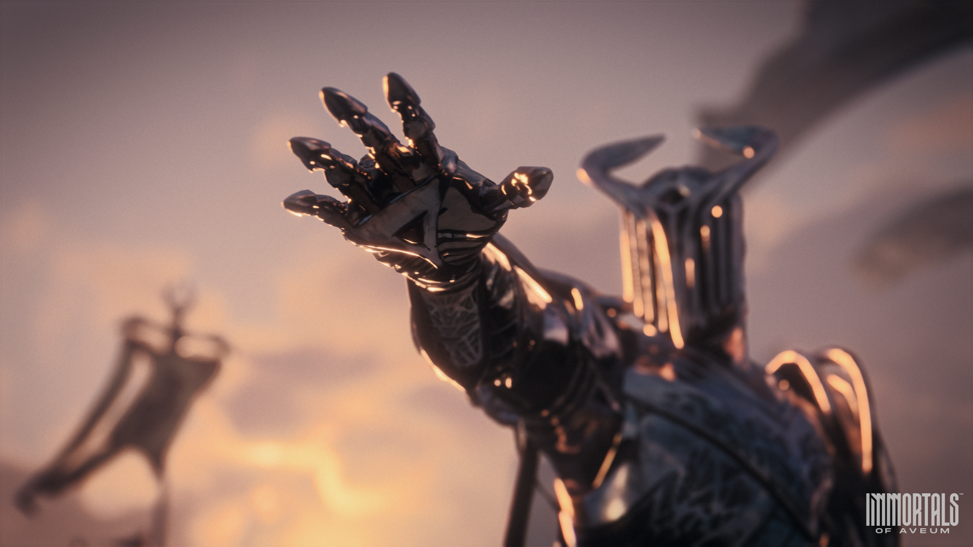 An epic HD wallpaper from the video game Immortals of Aveum, featuring a character reaching out with an intricately designed metallic hand against a dramatic sky.