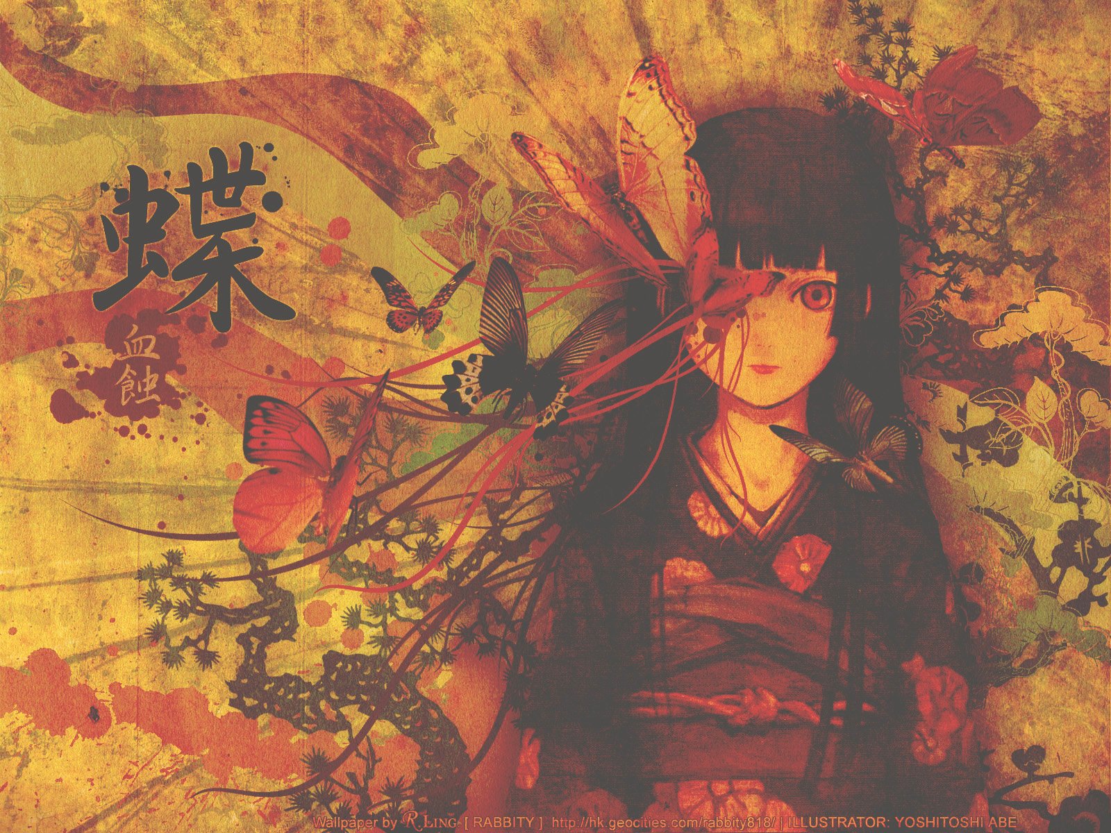 Anime Hell Girl HD PC desktop wallpaper: solemn dark-haired girl in kimono entwined with red butterflies and ink-brush floral motifs on a gold-red textured background.