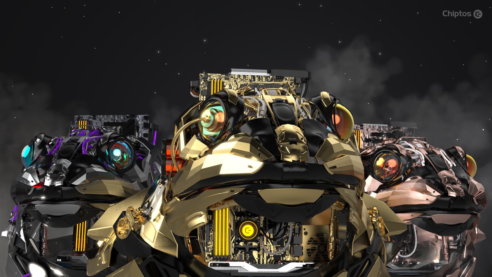 Chiptos X 3D Robot Frog Toad Robot 4K NFT Wallpaper Desktop Background Gold Silver Rose by chiptos
