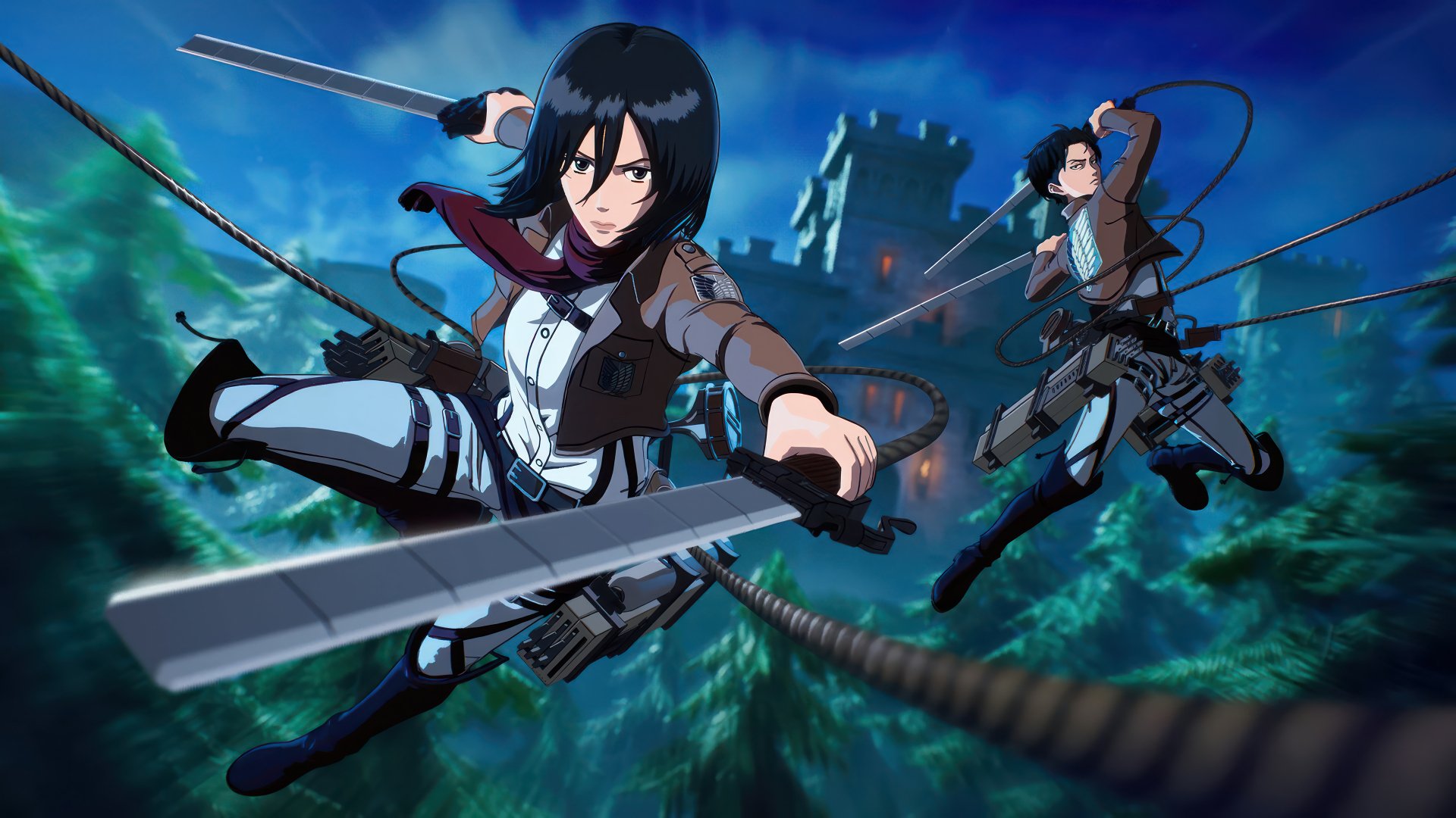 4K Ultra HD Fortnite-themed PC wallpaper featuring dynamic anime characters wielding swords against a vibrant, action-packed backdrop.