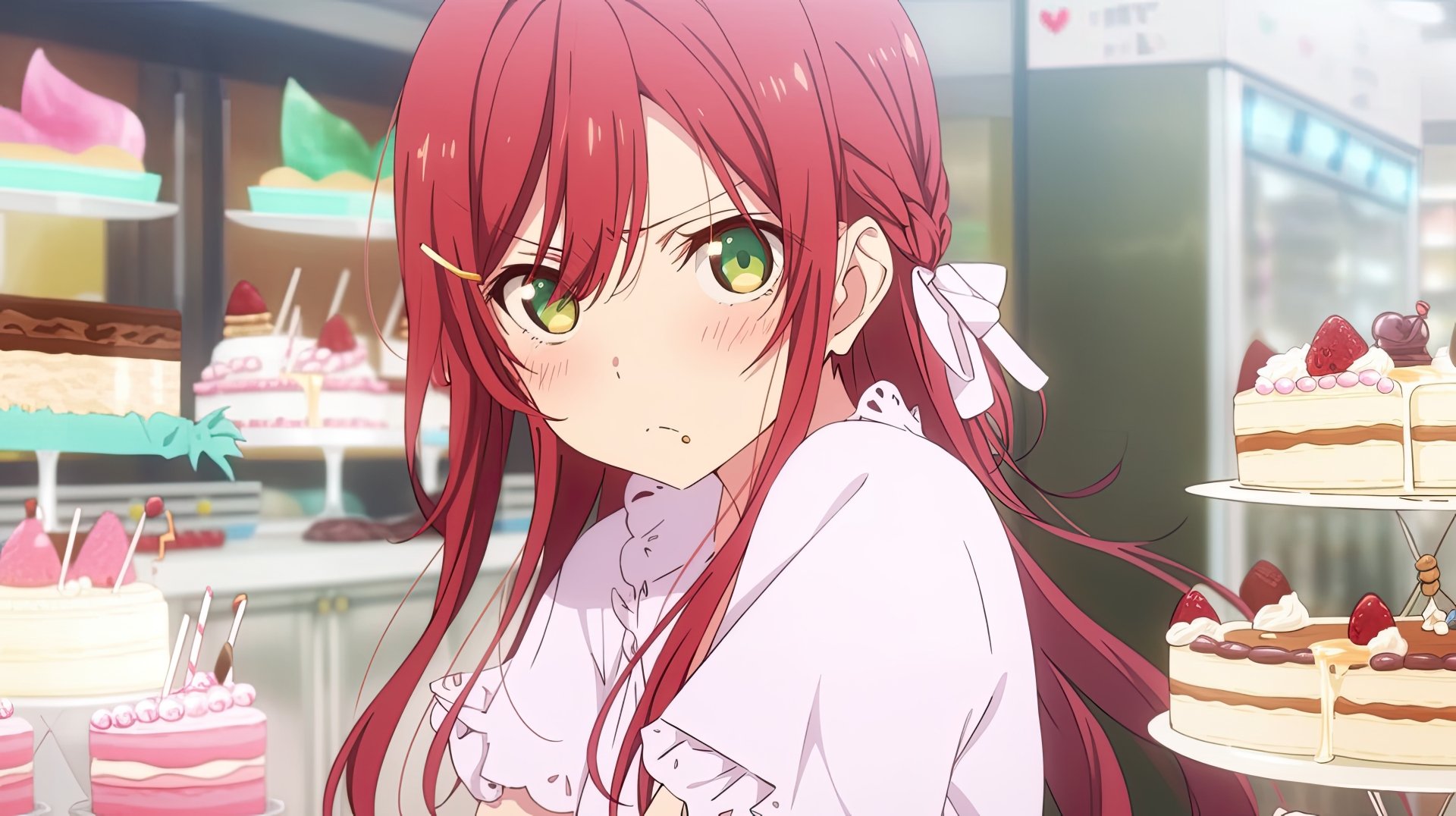 Anime girl with red hair and green eyes, set against a detailed bakery background in 8K Ultra HD, designed as a vibrant PC desktop wallpaper.