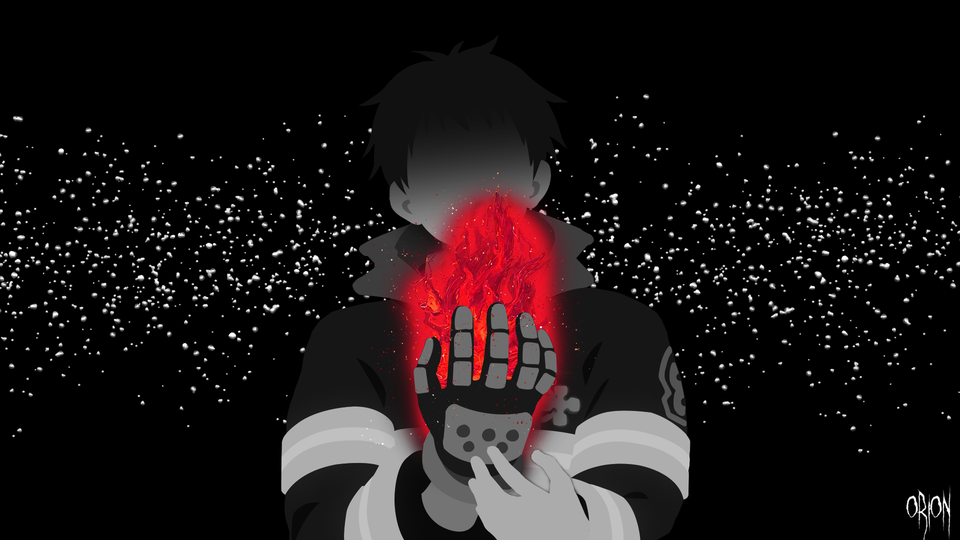 HD PC wallpaper featuring Shinra Kusakabe from Fire Force, with a dark background and glowing red flames emanating from his hand.