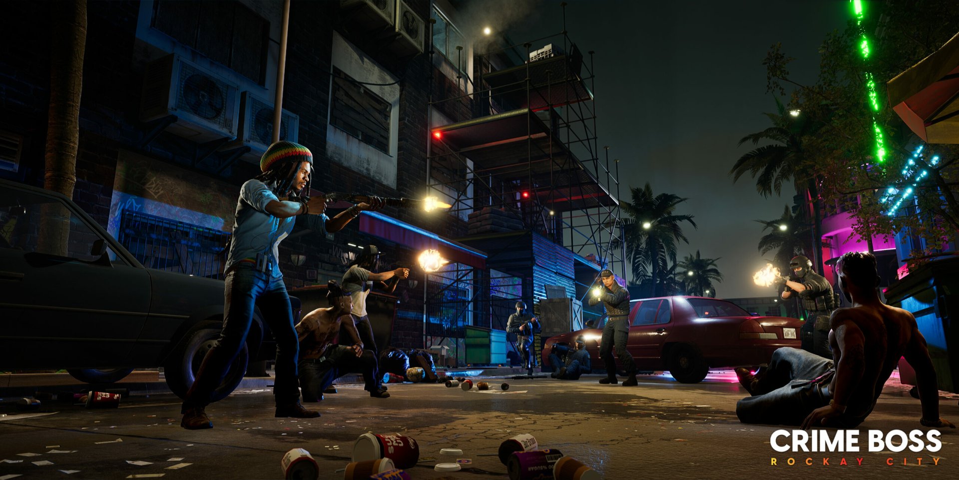 HD desktop wallpaper from Crime Boss: Rockay City featuring a dynamic street shootout scene at night with vivid lighting and detailed characters.