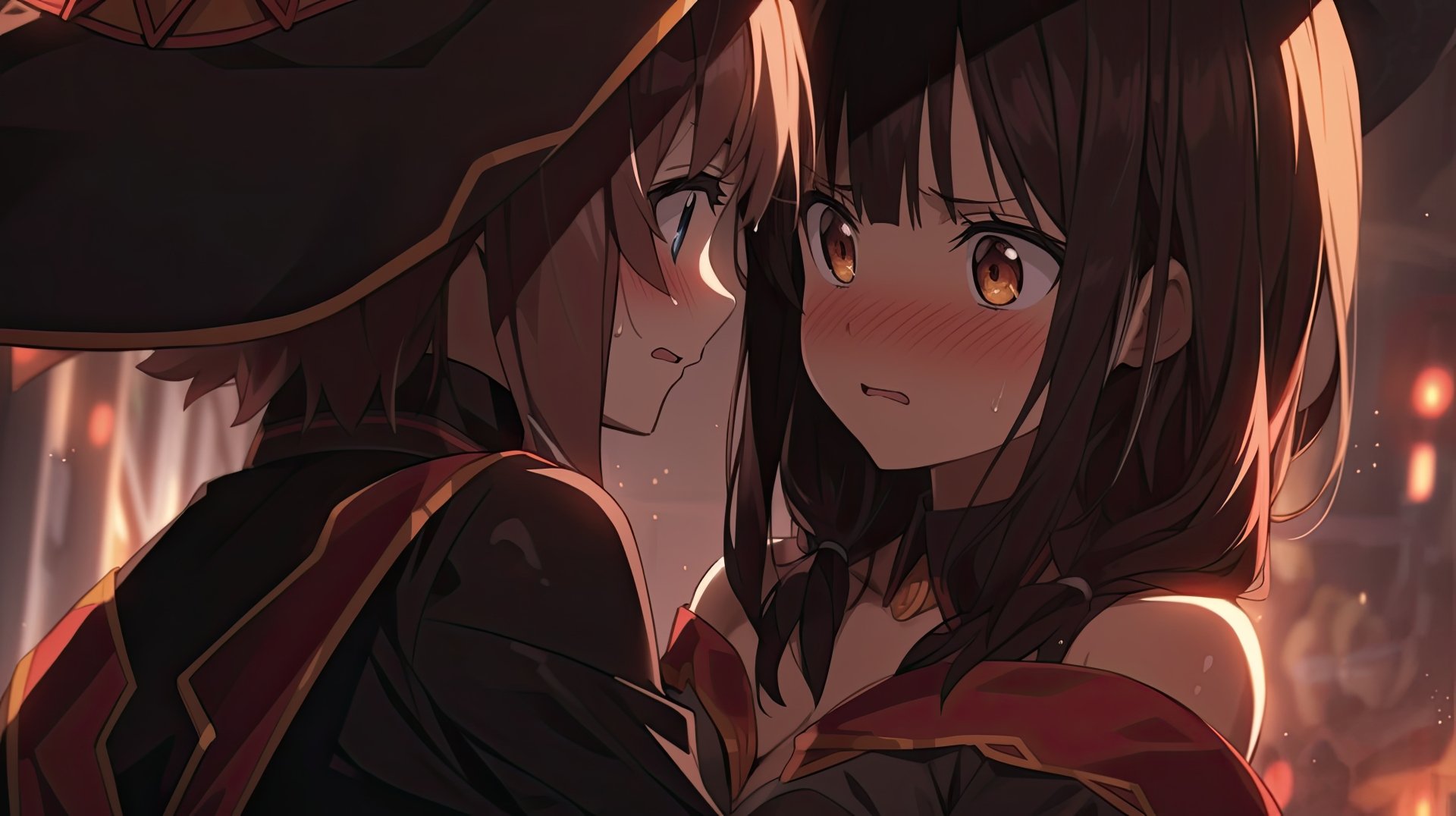 Close-up of two characters from KonoSuba - God’s blessing on this wonderful world!! in a detailed anime style, rendered in 8K Ultra HD for a PC desktop wallpaper.