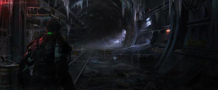The Callisto Protocol video game 2K Quad HD PC desktop wallpaper: armored figure with green light surveys an icy, derelict tunnel with rail tracks and a distant eerie glow.