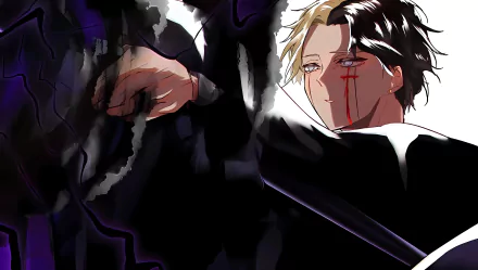 5K Ultra HD PC wallpaper: Rayne Ames from Mashle: Magic and Muscles — blood trailing from his eye, pale face framed by dark, swirling magic and stark light.