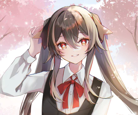 HD PC desktop wallpaper of Hu Tao, video game character from Genshin Impact — anime-style portrait smiling, long dark hair with red ribbon, red eyes, soft pink cherry blossom background.