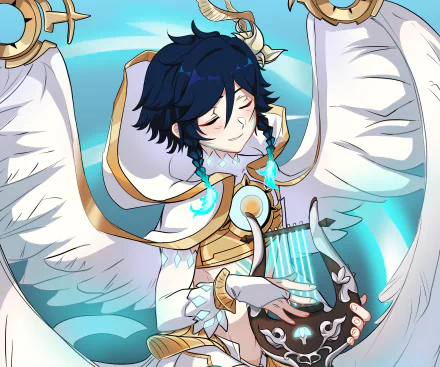 Venti (Genshin Impact) with wings spread and eyes closed, cradling his lyre in vibrant video game art — 2K Quad HD PC desktop wallpaper background.