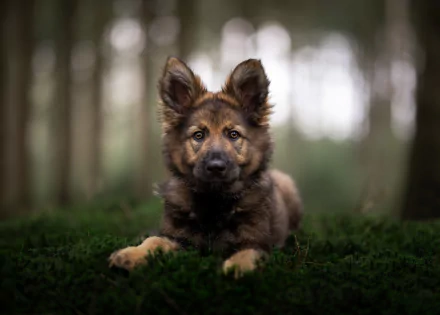 A 4K Ultra HD image of a young German Shepherd puppy lying on moss in a blurred forest setting.