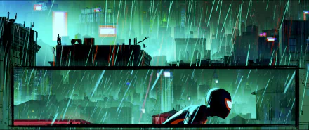 HD PC desktop wallpaper featuring a rainy cityscape scene from the movie Spider-Man: Across the Spider-Verse, showing Spider-Man perched on a rooftop at night.