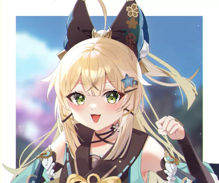 Bright HD PC desktop wallpaper of Kirara from Genshin Impact, smiling with green eyes and blonde hair against a soft blue sky — video game character artwork.