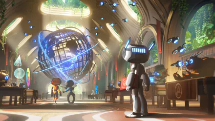 4K Ultra HD PC desktop wallpaper of a sci‑fi scene: a sleek robot in a luminous futuristic hall with floating drones and a glowing orbital device.