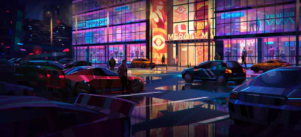 HD desktop wallpaper from the video game Tenet of The Spark featuring a vibrant neon-lit cityscape with futuristic cars and glowing billboards.