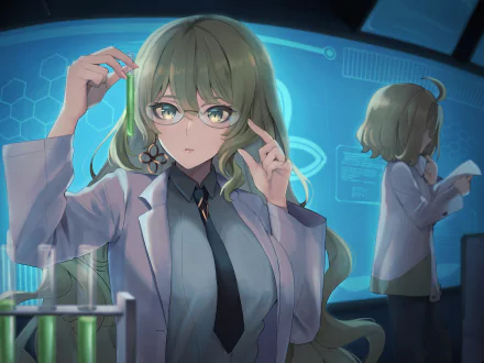 Mobius (Honkai Impact 3rd) in a lab coat adjusting her glasses in a blue-lit research lab — HD PC desktop wallpaper/background, video game artwork.