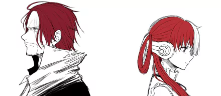HD PC desktop wallpaper featuring Uta and Shanks from the anime One Piece, showcasing their distinct red hair and profiles against a clean white background.