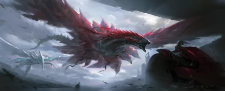 A dynamic 4K Ultra HD anime wallpaper featuring a fierce Black Rose Dragon and Stardust Dragon from Yu-Gi-Oh! soaring through a stormy sky.