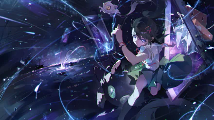 4K Ultra HD anime wallpaper featuring Suzume Iwato and characters Sadaijin and Daijin from Suzume no Tojimari in a dynamic, cosmic scene.