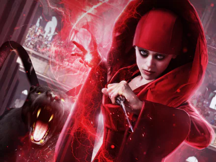 HD PC desktop wallpaper featuring Daisy Head as a character from the movie Dungeons & Dragons: Honor Among Thieves, depicted in a dramatic red costume with magical effects.