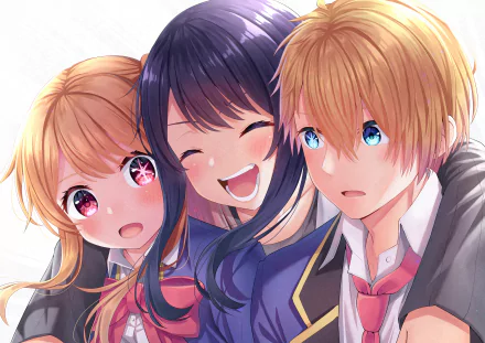 Anime-style HD desktop wallpaper featuring Ruby Hoshino, Aquamarine Hoshino, and Ai Hoshino from the series Oshi no Ko, showcasing vibrant colors and expressive faces.