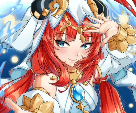 4K Ultra HD PC wallpaper featuring Nilou from the video game Genshin Impact, showcasing her red hair and detailed outfit with vibrant colors and dynamic pose.