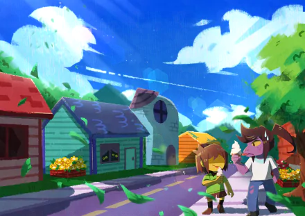 4K Ultra HD Deltarune wallpaper featuring Susie and Kris walking through a vibrant, colorful town under a bright blue sky, showcasing the video game’s distinctive art style.