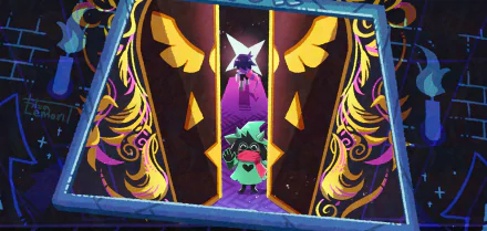 4K Ultra HD desktop wallpaper featuring Ralsei and Kris from the video game Deltarune framed by ornate golden designs and mysterious shadowed doors.