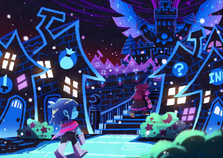 4K Ultra HD PC desktop wallpaper featuring Susie and Kris from the video game Deltarune in a vibrant, glowing town setting at night.