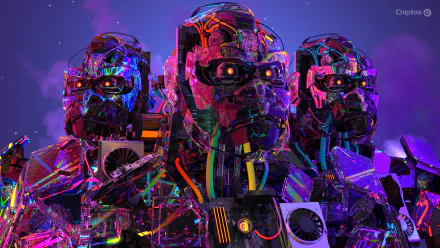 HD PC desktop wallpaper featuring three futuristic, multicolored robotic gorillas against a deep purple, starry background.