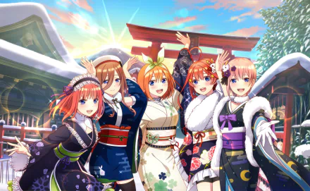 HD anime wallpaper featuring Itsuki, Yotsuba, Miku, Nino, and Ichika Nakano from The Quintessential Quintuplets in colorful kimonos at a snowy shrine.