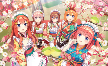 HD PC desktop wallpaper featuring Itsuki Nakano, Yotsuba Nakano, Miku Nakano, Nino Nakano, and Ichika Nakano from the anime The Quintessential Quintuplets in vibrant kimonos.