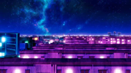 HD anime desktop wallpaper from Call of the Night, showcasing a vibrant cityscape under a starry night sky with neon purple and blue hues.