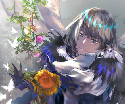 HD anime desktop wallpaper featuring Oberon from Fate/Grand Order, showcasing detailed art with vibrant colors and ethereal elements in a fantasy style.