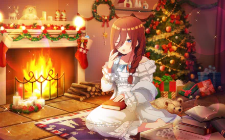 HD PC desktop wallpaper featuring Miku Nakano from The Quintessential Quintuplets, sitting by a cozy Christmas fireplace with a decorated tree and presents.
