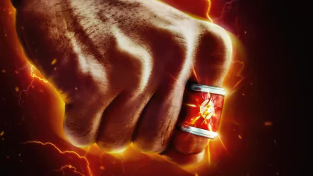 Close-up of a clenched fist wearing The Flash’s iconic red and gold ring, set against a fiery, lightning-filled background from The Flash (2023) 4K Ultra HD desktop wallpaper.