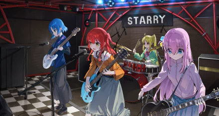 4K Ultra HD wallpaper featuring Hitori Gotou, Nijika Ijichi, Ikuyo Kita, and Ryou Yamada from the anime Bocchi the Rock! performing on stage at Starry.