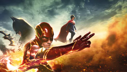 8K Ultra HD PC desktop wallpaper featuring The Flash (2023) movie characters, including The Flash, Batman, and Supergirl against a dramatic, fiery sky backdrop.